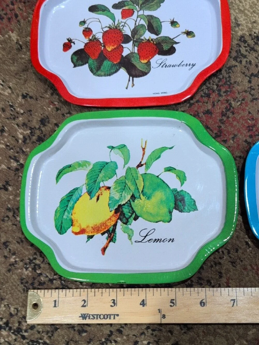 Set of 3 Decorative Fruit & Floral Metal Serving Trays (Red, Green, Blue) Small